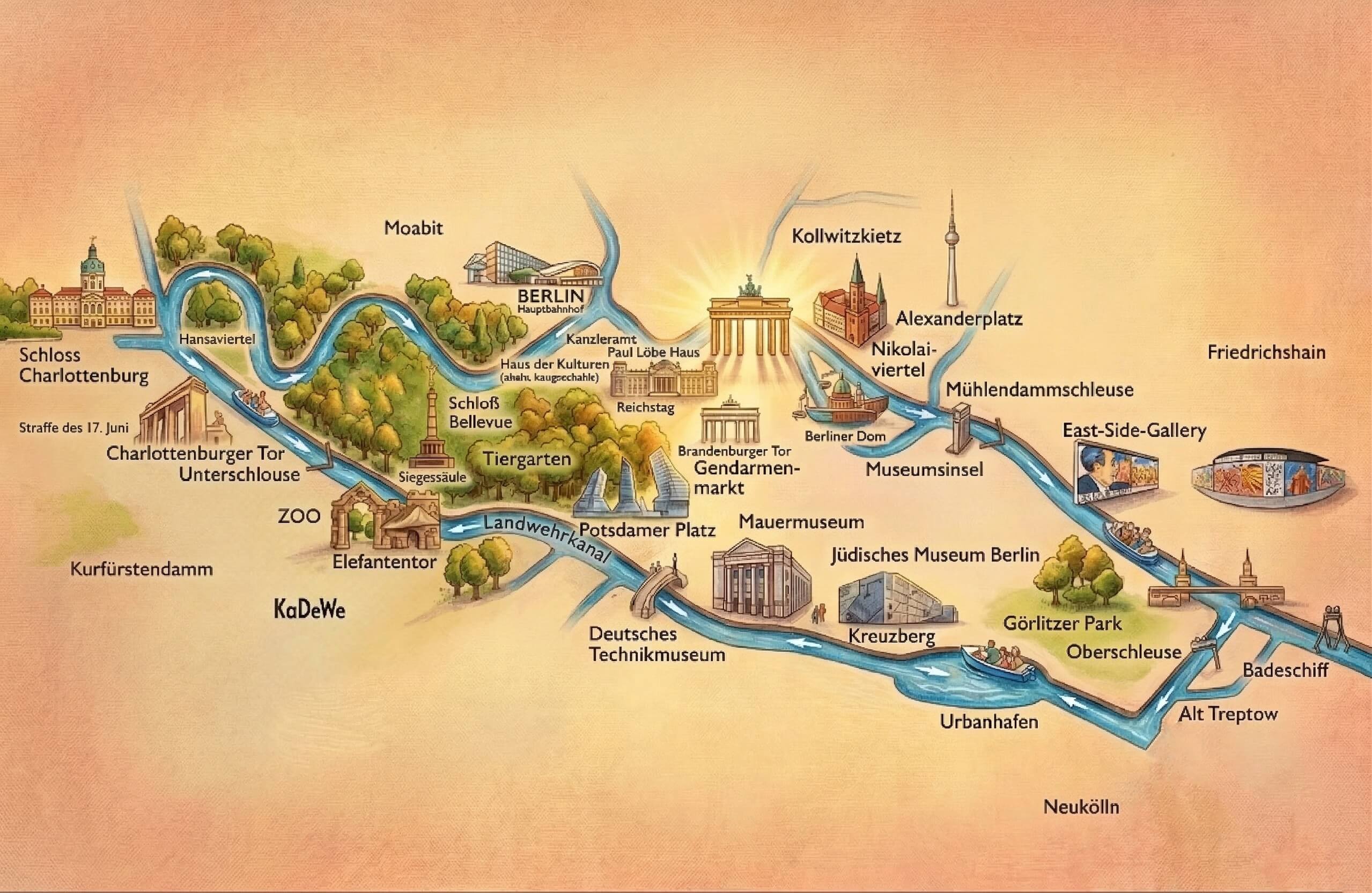 Illustrierte Karte der Berliner Bootstour entlang der Spree