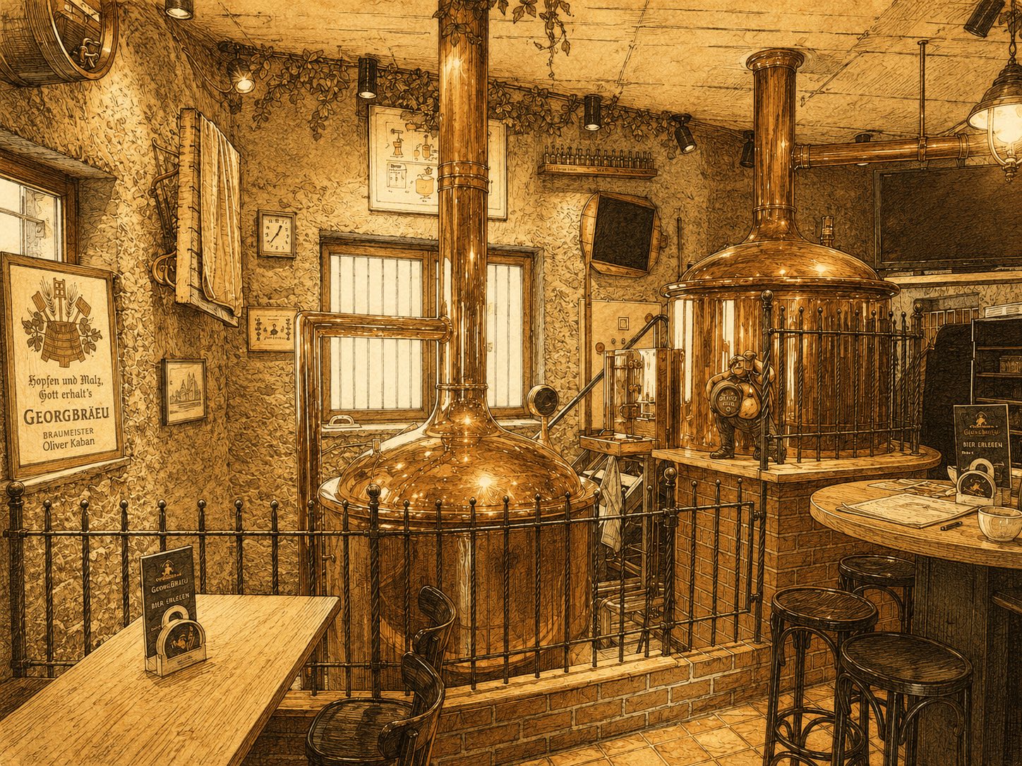 Illustration des Sudhauses im Brauhaus Georgbräu mit kupfernen Braukesseln