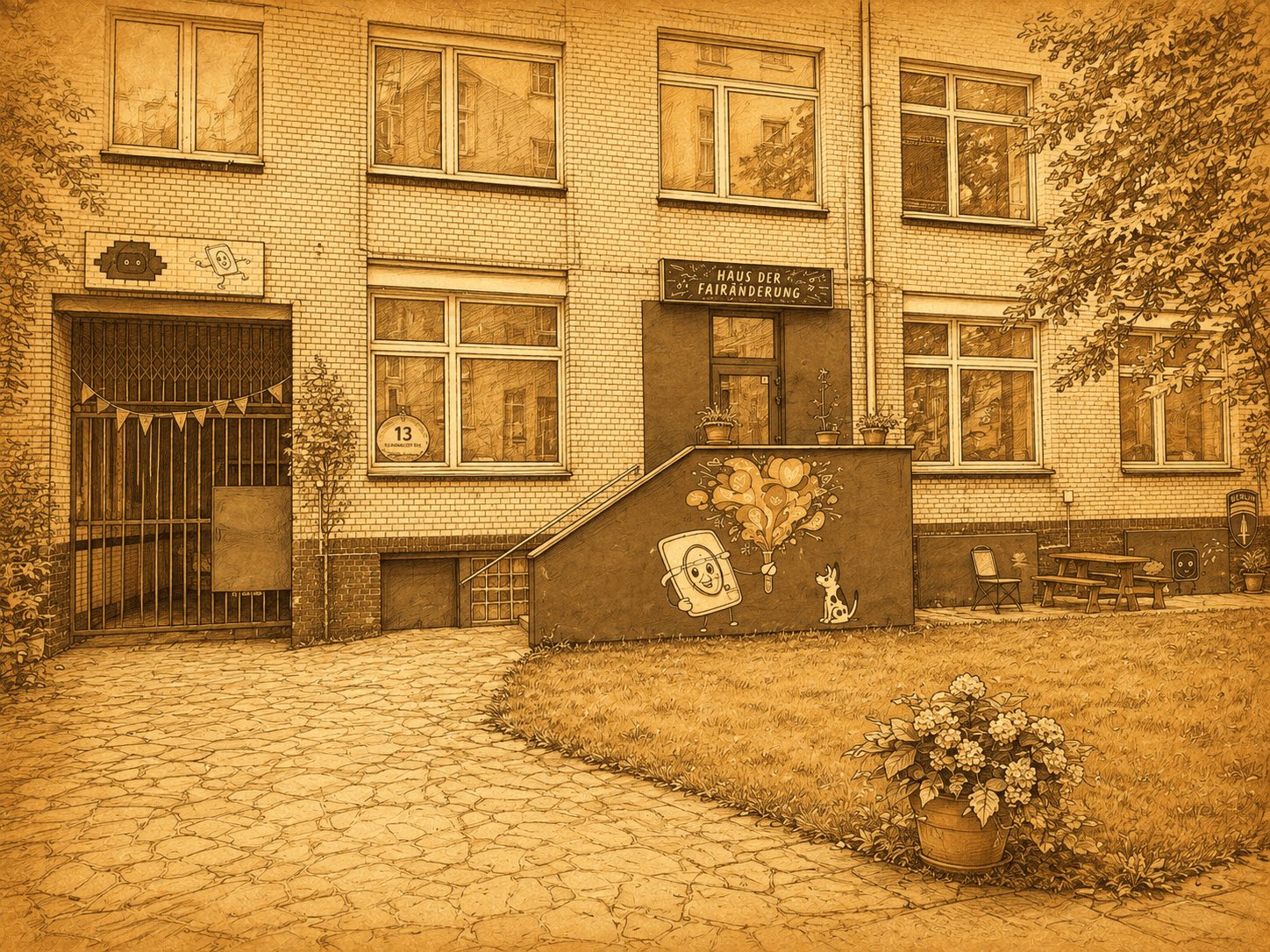 Illustration des Haus der Fairänderung mit Hof und Eingangstreppe