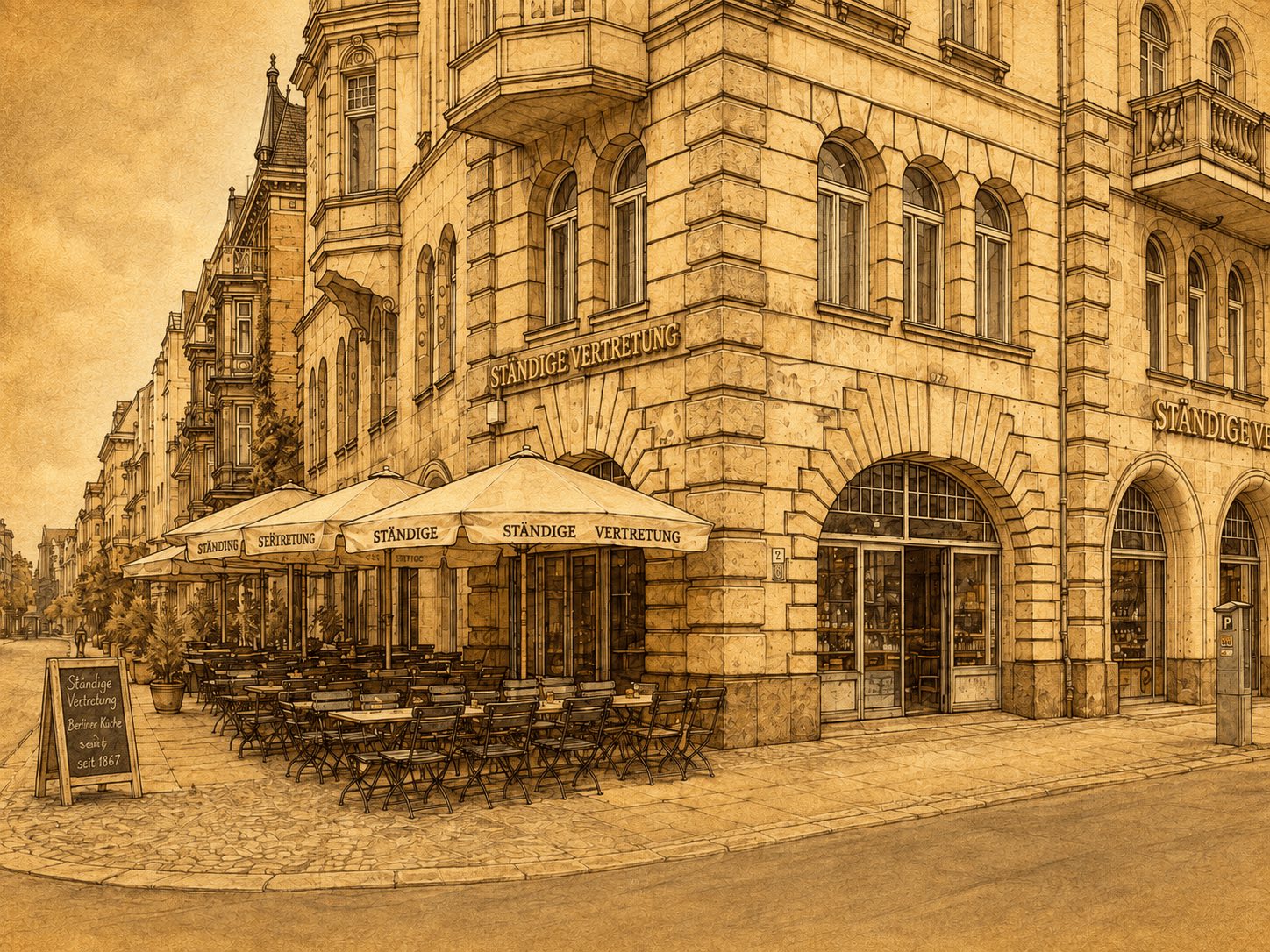 Illustration der Ständigen Vertretung mit Terrasse am Schiffbauerdamm